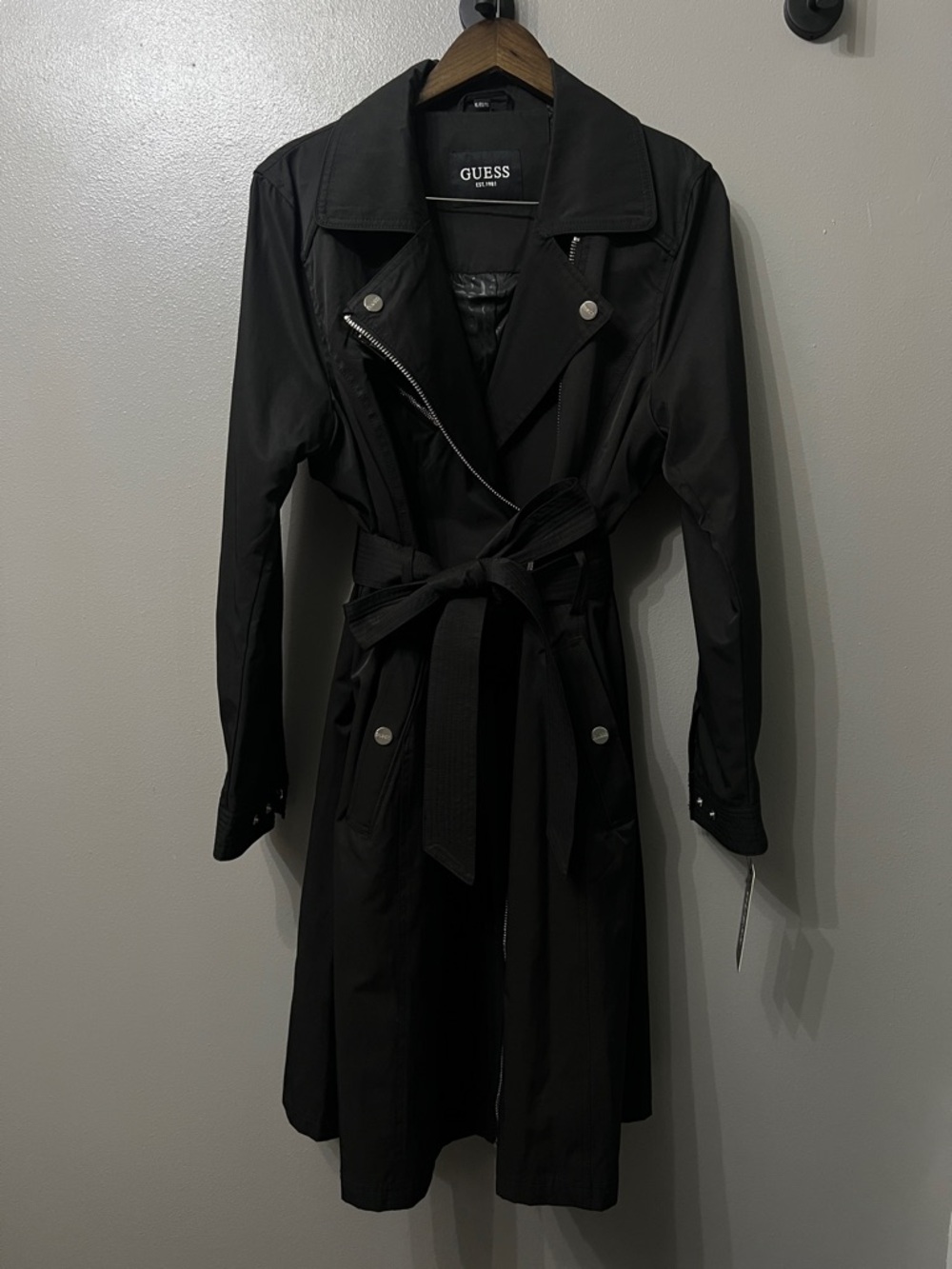 🆕 NWT GUESS Asymmetric Black Belted Trench Coat | Luxe | Chic Edgy Cool Girl